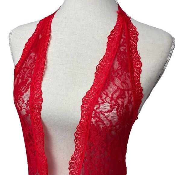 Solid Red Deep V Neck Halter crotch less thong open back lace lingerie size M - Picture 5 of 11